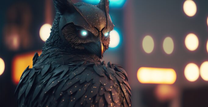 Humanoid mutant owl man, black night city bokeh background